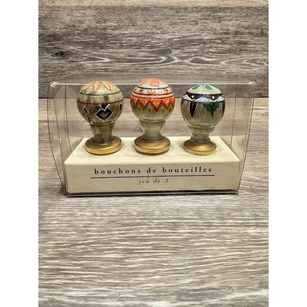 Pier 1 Imports Set Of 3 Hand Painted Stone Wine Bottle Stoppers Made in India